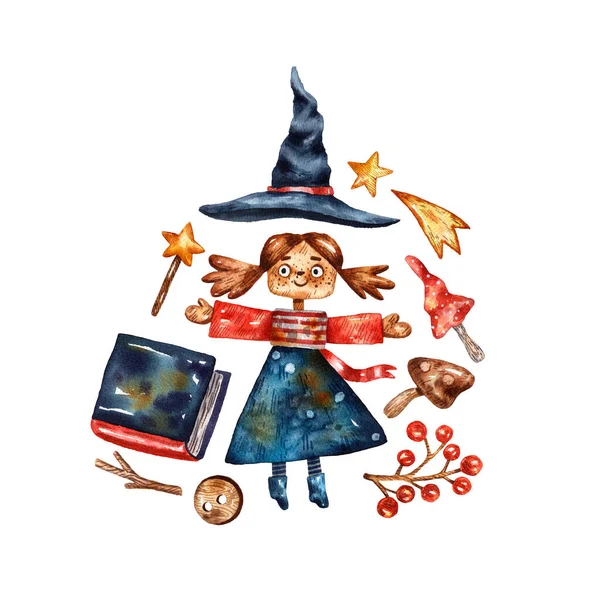 Акварель Иллюстрация Милые Маленькие Куклы Платье Ведьмами Пунктов Хэллоуин Фон — стоковое фото