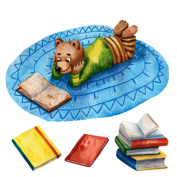 Akwarelowa Ilustracja Uroczego Niedźwiedzia Uczennica Ilustracja Szkoły Podstawowej Styl Kreskówki — Zdjęcie stockowe