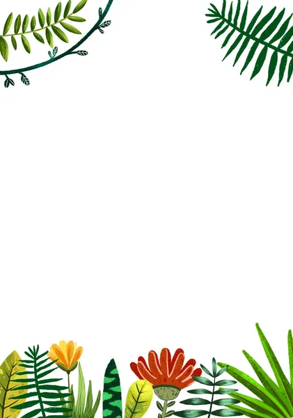 Suluboya Tropik Bitkilerle Yapımı Çerçeve Palmiye Ağaçları Çiçekler Yapraklarla Botanik — Stok fotoğraf