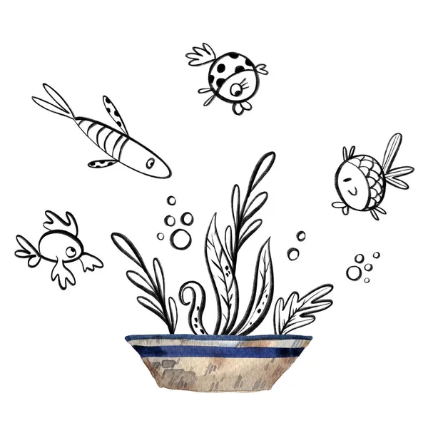 Hand Drawn Sketch Illustrations Cute Underwater Animals Fun Cartoon Fishes — Stock Photo, Image