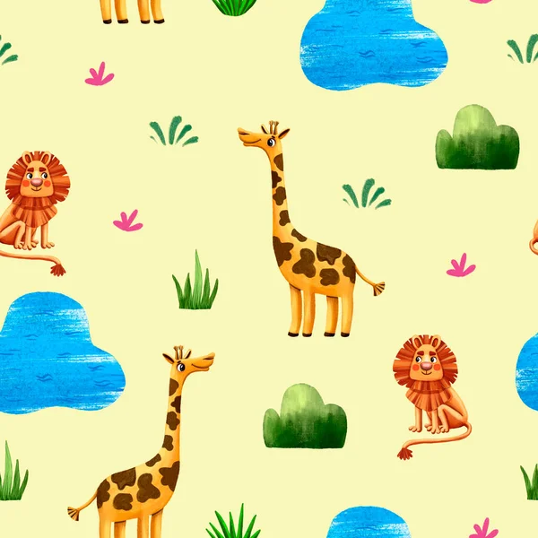 Seamless Pattern Hand Drawn Cute Cartoon Characters Giraffes Lions Tropical — Stock Photo, Image