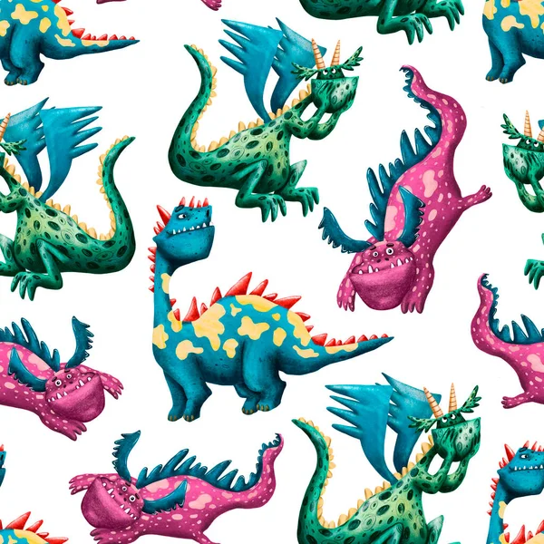 Seamless Pattern Cute Cartoon Dragons Digital Hand Drawn Illustration Smiling — Stock Photo, Image