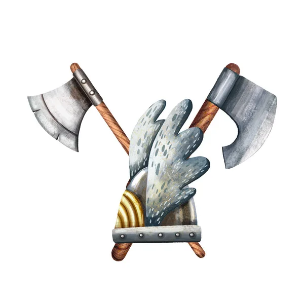 Viking Arms Set 可爱的卡通风格的艺术 维京斧头 剑和盾牌维京派对装饰 古代斯堪的纳维亚传统物品 卡片和印刷品说明 — 图库照片
