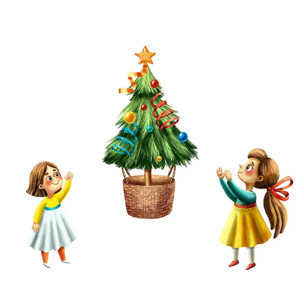 Aquarell Illustration Glücklicher Kinder Der Nähe Des Weihnachtsbaums Lustige Handgezeichnete — Stockfoto