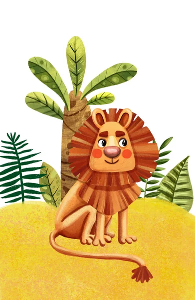 Ilustración Dibujada Mano Lindo León Dibujos Animados Naturaleza Personaje Selva — Foto de Stock