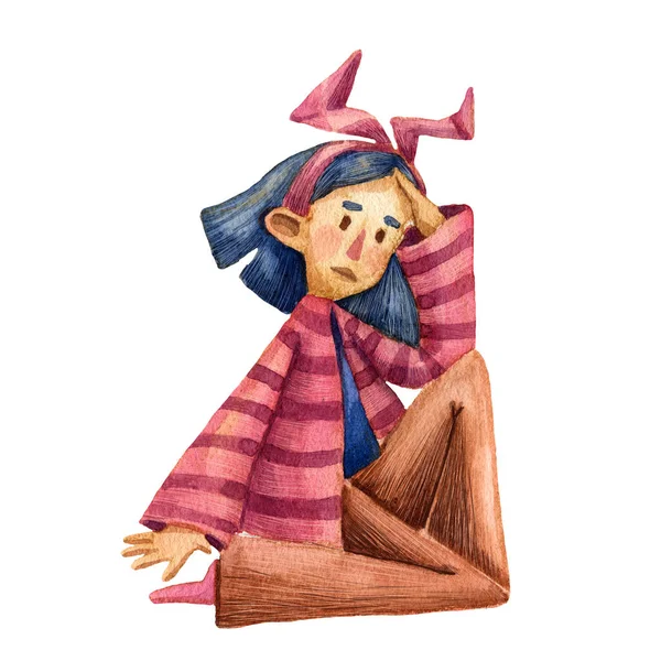 아름다운 소녀의 수채화 손으로 캐릭터 프린트와 카드를 — 스톡 사진