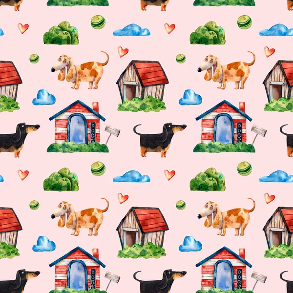 seamless pattern with hand-drawn cartoon dogs, balls, and doghouses, watercolor illustration of animals, color background