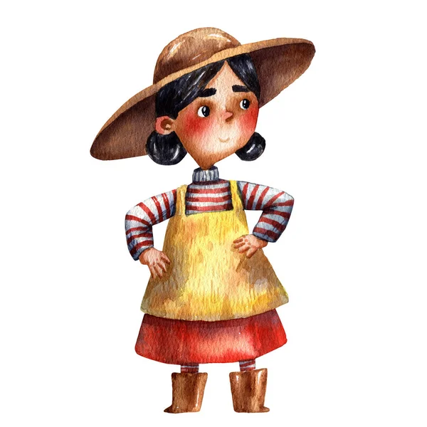 Ilustração Aquarela Uma Menina Jardineiro Pequeno Bonito Chapéu Avental Trabalho — Fotografia de Stock