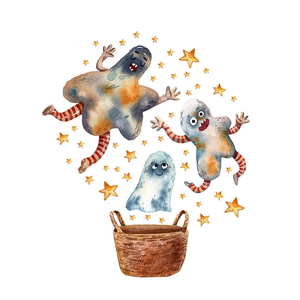 Kézzel Rajzolt Akvarell Halloween Elemek Háttér Halloween Ikon Szörnyek — Stock Fotó