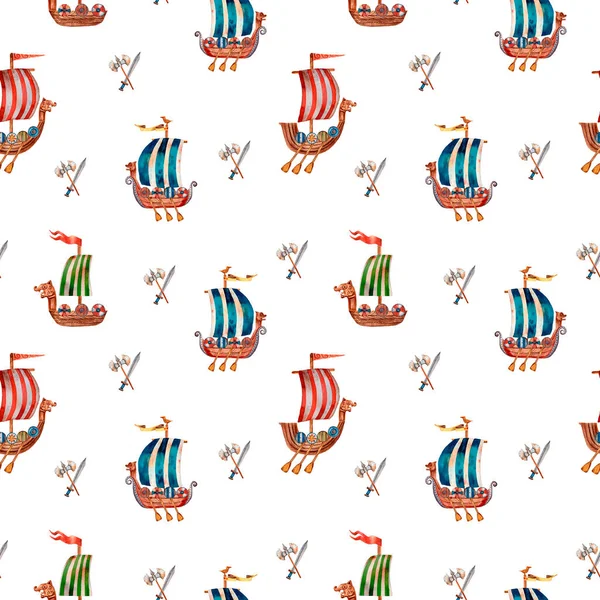 Cute viking pattern. Seamless texture. Drakkars and viking sailboats. Fairy tale cartoon style. Funny textile print fot boys. Children illustrations. Wrapping paper print.