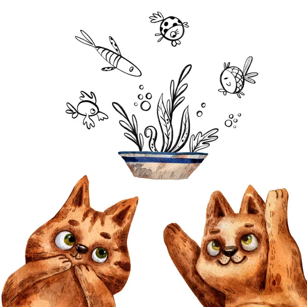Ακουαρέλα Ζωγραφισμένα Στο Χέρι Χαριτωμένες Γάτες Που Ονειρεύονται Ψάρια Ψηφιακή — Φωτογραφία Αρχείου