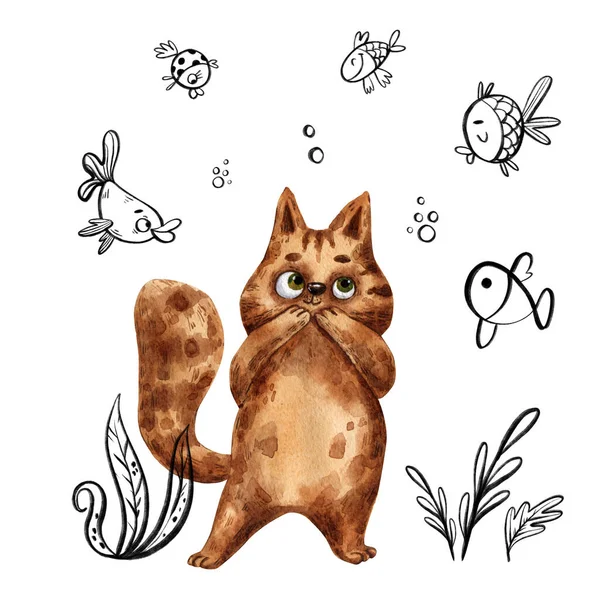 Acuarela Dibujado Mano Lindo Gato Ilustración Digital Animal Divertido Gatito — Foto de Stock