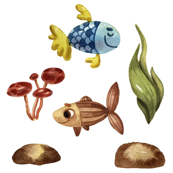 Hintergrund Mit Elementen Der Unterwasserwelt Aquarell Handgezeichnete Illustration Set Von — Stockfoto