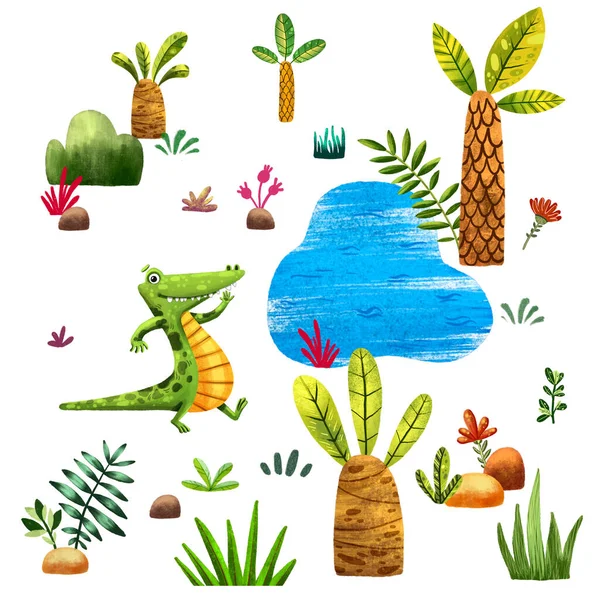 Ręcznie Rysowane Ilustracja Szczęśliwy Zielony Krokodyl Naturze Białym Tle — Zdjęcie stockowe