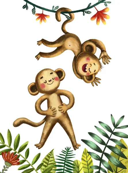 Roztomilý Kreslený Postava Opic Přírodě Ručně Kreslené Ilustrace Postava Džungle — Stock fotografie