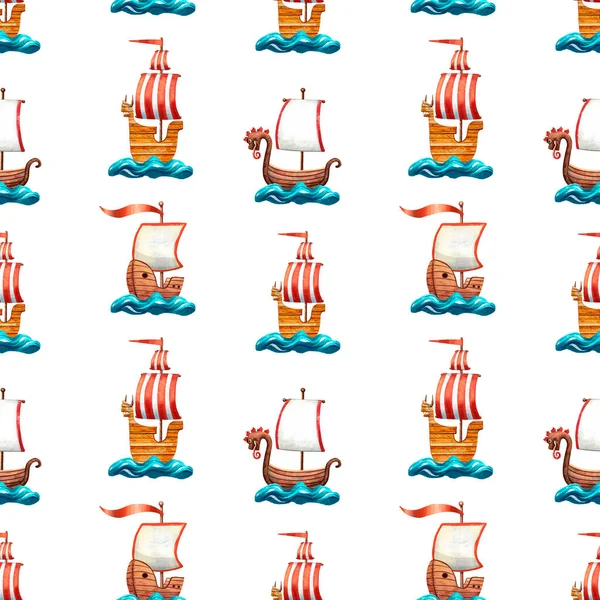 Cute viking pattern. Seamless texture. Drakkars and viking sailboats. Fairy tale cartoon style. Funny textile print for boys. Children illustrations. Wrapping paper print.