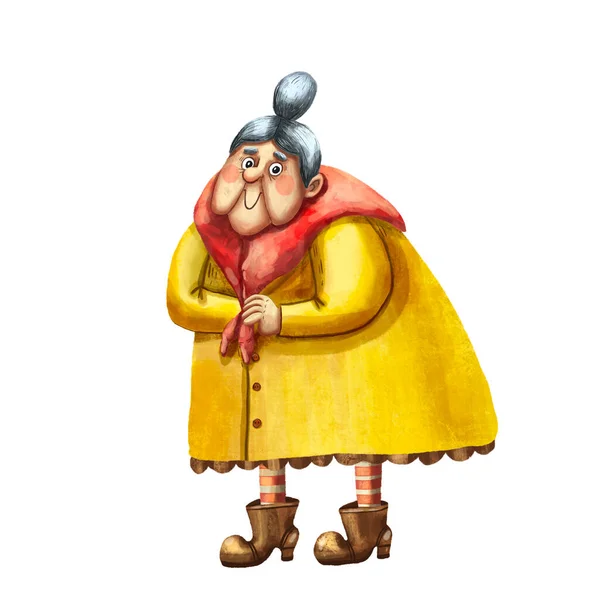 cartoon character of a cute senior lady with bun-tail on her  head and dressed in yellow coat