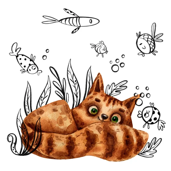 Aquarell Handgezeichnete Süße Katze Digitale Illustration Lustiges Tier Verspieltes Kätzchen — Stockfoto