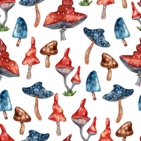 Padrão Sem Costura Com Cogumelos Ilustração Aquarela Toadstools — Fotografia de Stock