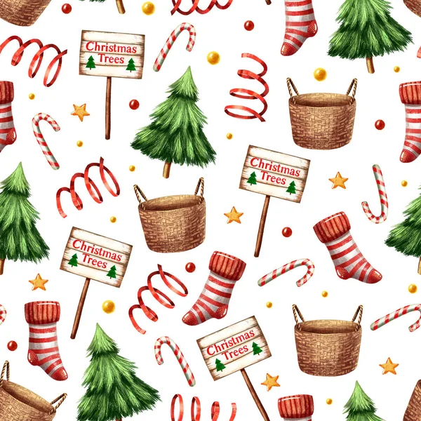 Watercolor Hand Drawn Christmas Set Cute Winter Seamless Pattern New — Stock Photo, Image