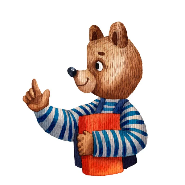 Watercolor Illustration Cute Bear Pupil Character Elementary School Illustration Cartoon — Stock Photo, Image