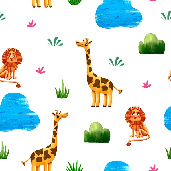 Seamless Pattern Hand Drawn Cute Cartoon Characters Giraffes Lions Tropical — Stock Photo, Image