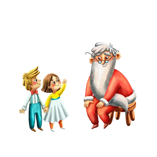 Aquarell Illustration Des Niedlichen Weihnachtsmannes Gratuliert Kindern Lustige Handgezeichnete Figuren — Stockfoto