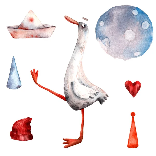 Aquarell Handgezeichnete Süße Gans Mit Schal Digitale Illustration Lustiges Tier — Stockfoto