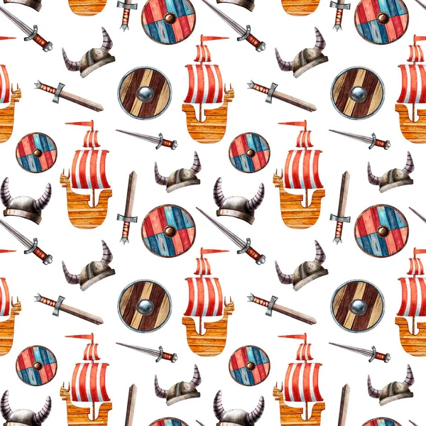 Cute viking pattern. Seamless texture. Drakkars and viking sailboats. Fairy tale cartoon style. Funny textile print for boys. Children illustrations. Wrapping paper print.