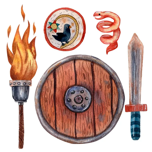 Зброя Вікінгів Готова Художній Стиль Мистецтва Меч Вікінгів Щит Смолоскип — стокове фото