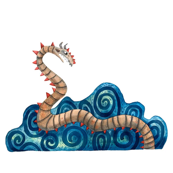 Fairy tale sea creature. Watercolor hand drawn illustration. Myphology underwater monster. Viking folklore character. Sea fantastic jormungand. Mystic ocean dragon. Scary Cartoon character.
