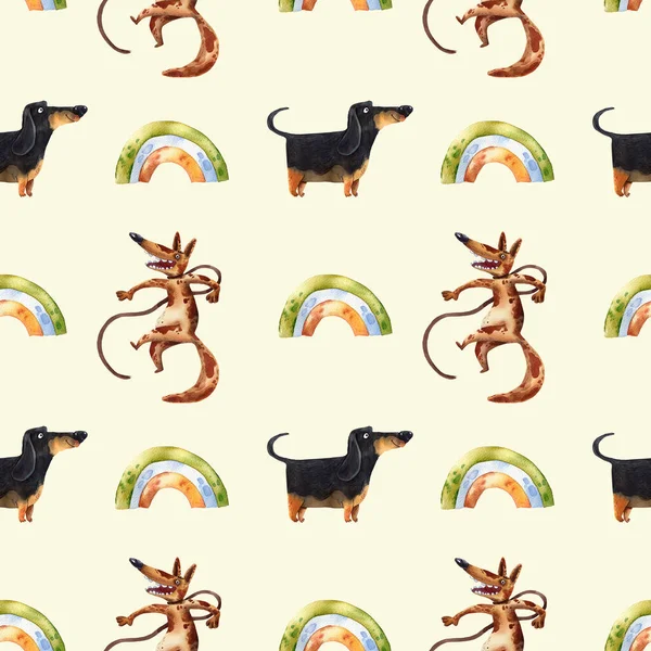 Seamless Pattern Hand Drawn Cartoon Dogs Rainbows Watercolor Illustration Animals — Stock Photo, Image