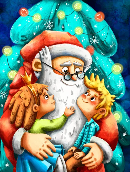 Aquarell Illustration Des Niedlichen Weihnachtsmannes Gratuliert Den Kindern Und Umarmt — Stockfoto