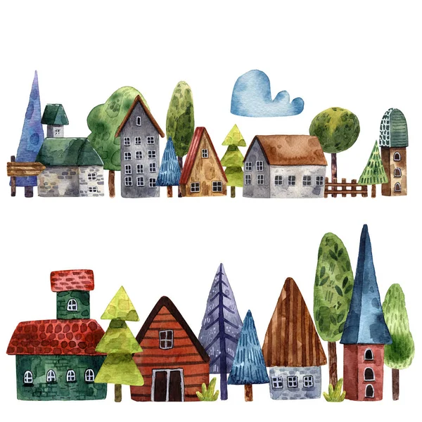 有建筑物和树木的水彩景观 手绘的村庄卡通图标图集 游戏和卡片的独立装饰图集 — 图库照片