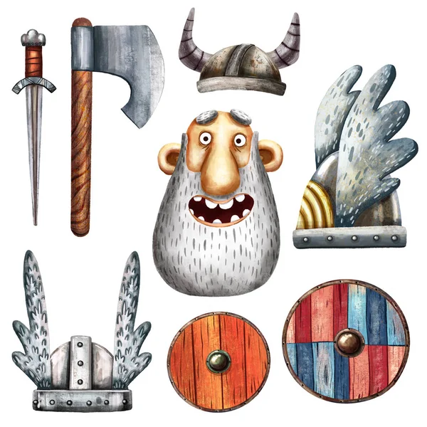 Conjunto Vikingo Lindo Estilo Dibujos Animados Arte Arma Vikinga Decoración —  Fotos de Stock