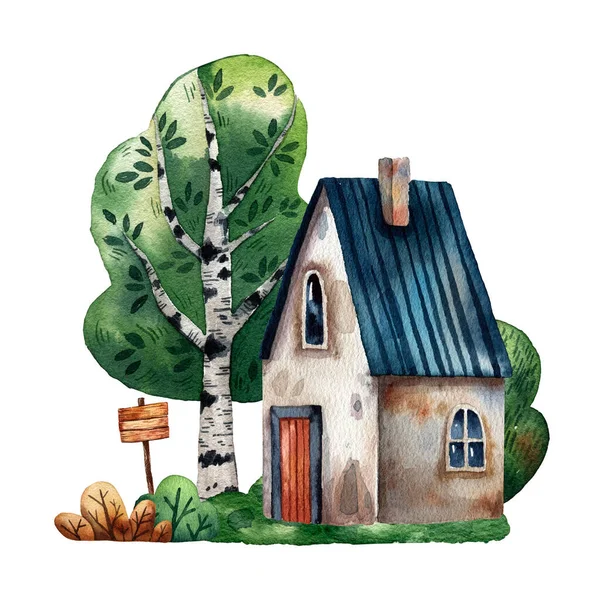一个可爱的森林木屋的水彩画 手绘的插图 小房子 甜蜜的家木制设计 仙女建筑风格 各自为政 Windows和树 — 图库照片