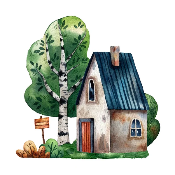 かわいい森の木造住宅の水彩イラストセット 手描きイラスト かわいい森の木造住宅の水彩イラストセット 手描きイラスト