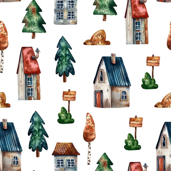 水彩画的背景与无缝图案可爱的木制房子 手绘插图 小灰色简约的房子 甜蜜的家木制设计 乡村建筑风格 各自为政 Windows和树 — 图库照片