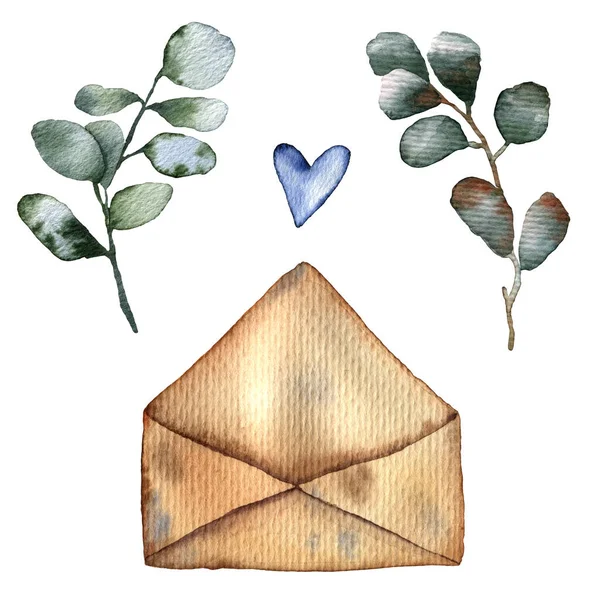 Conjunto Com Flores Aquarela Folhas Letras Fundo Suave Com Envelopes — Fotografia de Stock