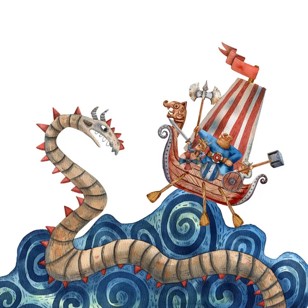 Saga Sjöodjur Akvarell Handritad Illustration Myfologi Vattnet Monster Vikingadrakkar Havet — Stockfoto