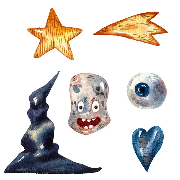 set of hand-drawn watercolor Halloween elements, background with Halloween icons of eyes and witches hat