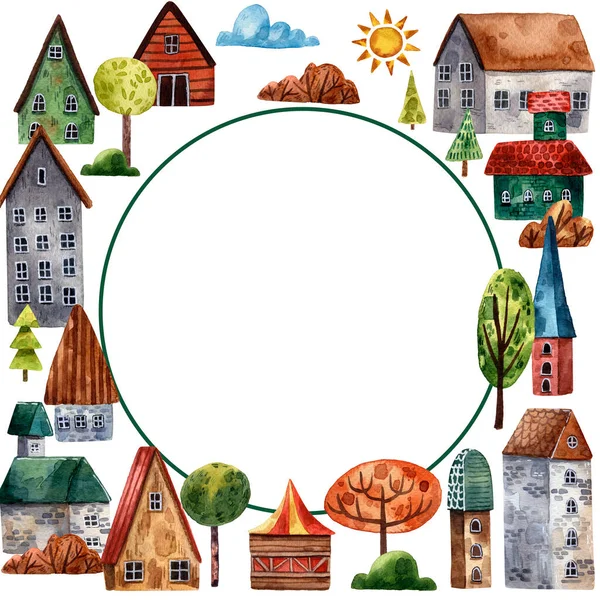 水彩画的圆形框架与建筑物和树木 手绘的村级卡通图标图集 卡片花圈装饰图集 — 图库照片
