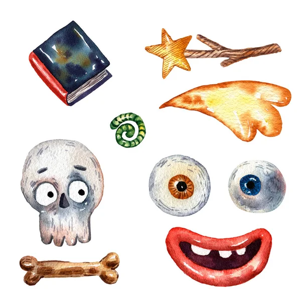 set of hand-drawn watercolor Halloween elements, background with Halloween icons of eyes and mouths