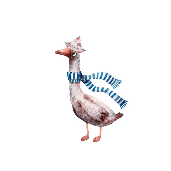 Watercolor Hand Drawn Cute Goose Scarf Digital Illustration Fun Animal — Stock Photo, Image