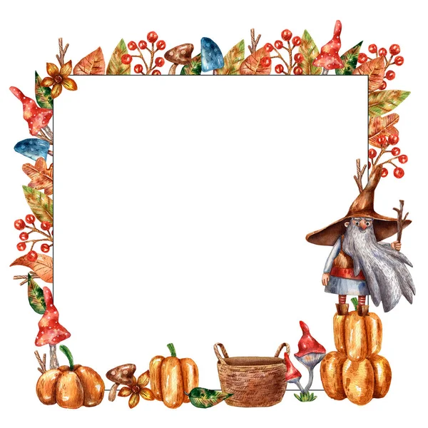 watercolor autumn frame with cartoon berries, pumpkins, leaves, and cute woodsman