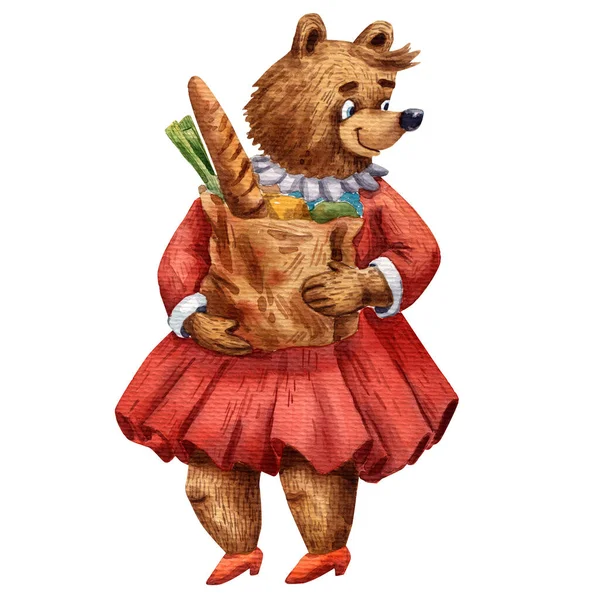 Illustrazione Acquerello Simpatica Signora Orso Cartone Animato Divertente Orso Con — Foto Stock