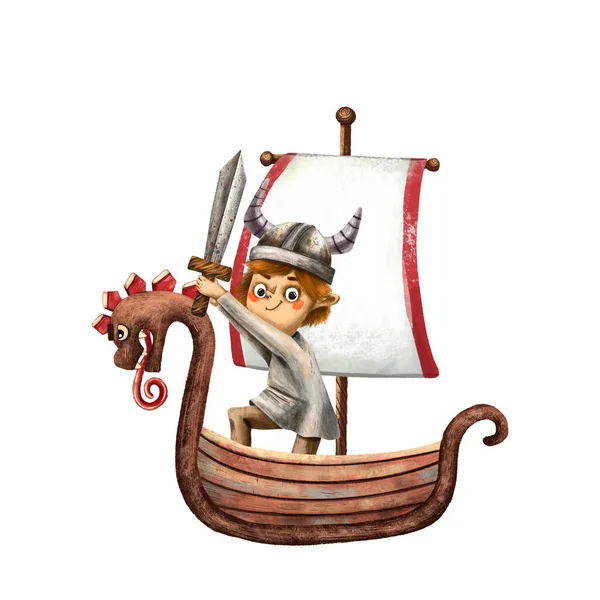 Ilustracja Komiksu Zabawnego Wikinga Portret Chłopca Hełm Wikingów Starożytne Skandynawskie — Zdjęcie stockowe