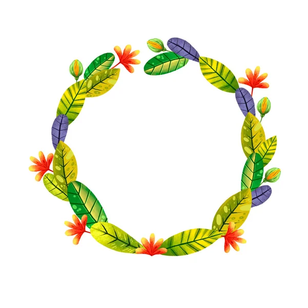 Watercolor Hand Drawn Circle Frame Tropical Plants Botanical Wreath Palm — Stock Photo, Image