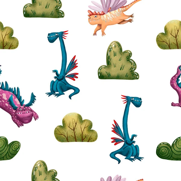 有可爱卡通龙的无缝图案 数字手绘插图 笑五彩斑斓的恐龙 童话中的生物有趣的怪物 神话中奇妙的爬行动物 传统的龙 幻想怪兽动物 — 图库照片