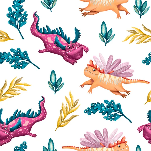 seamless pattern with cute cartoon dragons. Digital hand-drawn illustration. Smiling colorful dinosaurs. Fairy tale creatures. Fun monsters. Mythology fantastic reptiles. Traditional dragons. Fantasy monster animals.